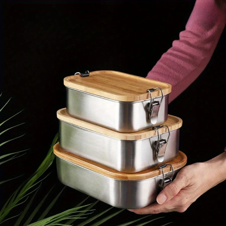 Food Storage Plastic Containers With Lids - Kotak Makan Siang Tutup Bambu Stainless