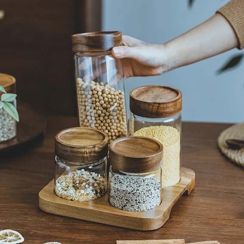 Food Storage Glass Jar - Wadah makanan tutup kayu, wadah penyimpanan