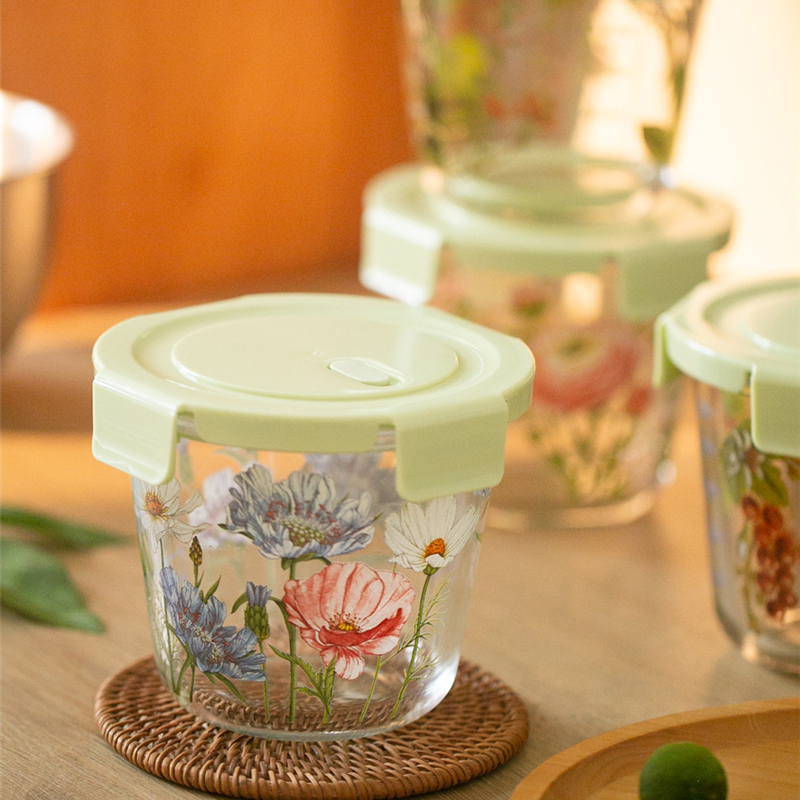Food Storage Glass Round - Kotak penyimpan makanan bunga antik Perancis,